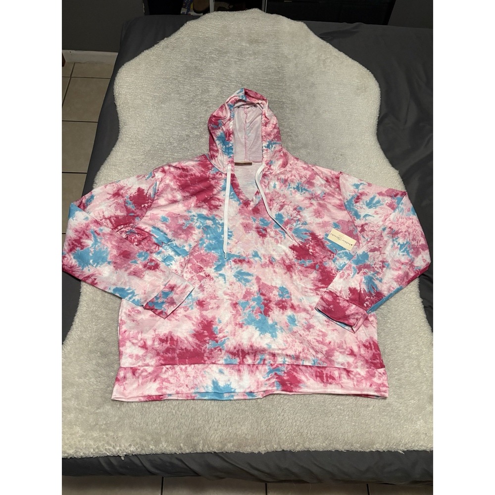 Bobbie Brooks Women Tie Dye Hoodie Sweatshirt XL NWT Pink Blue V-Neck LS